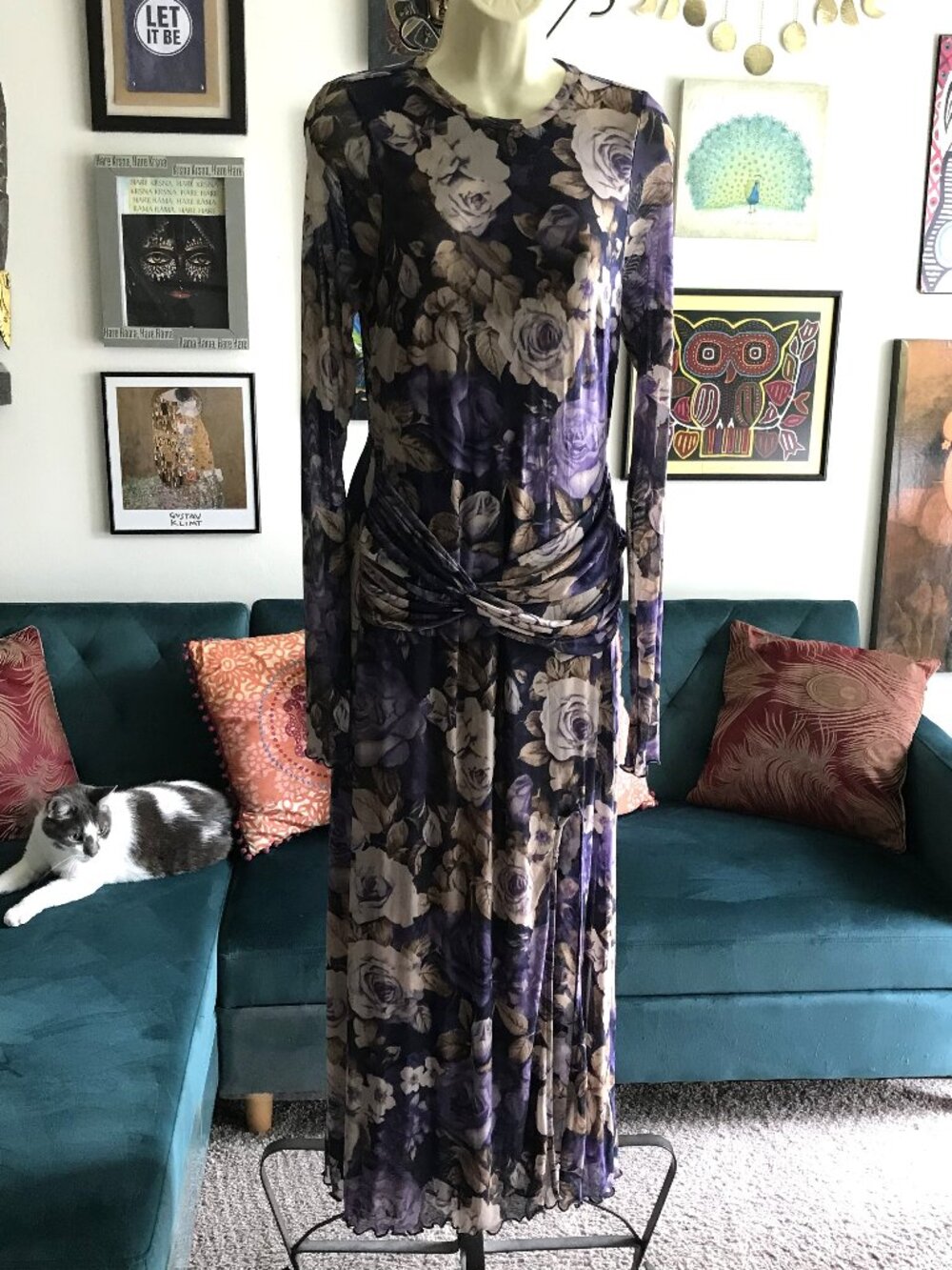 FREE PEOPLE size S / M Purple & Blue Floral Stretch Mesh Gianni Maxi Dress